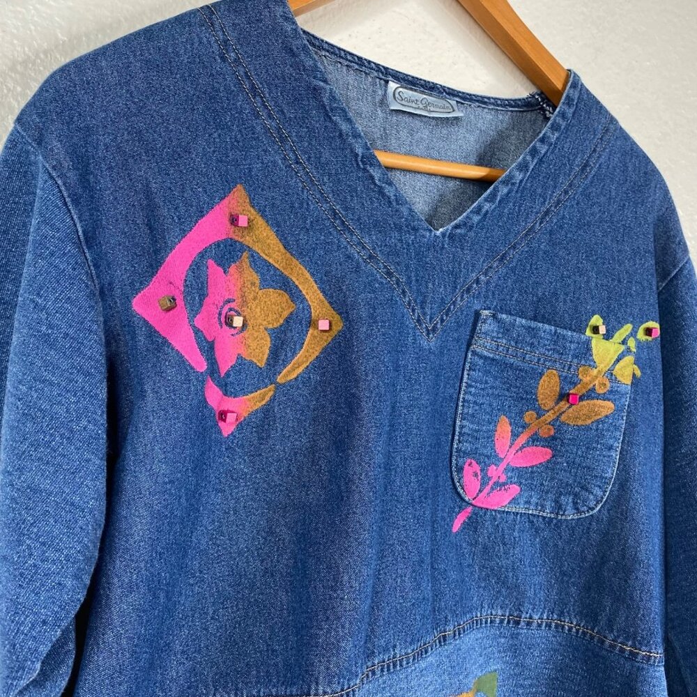 Vintage Saint Germain Paris Top Blue Size XL Denim Hand Painted Boho Art to Wear - Picture 8 of 14